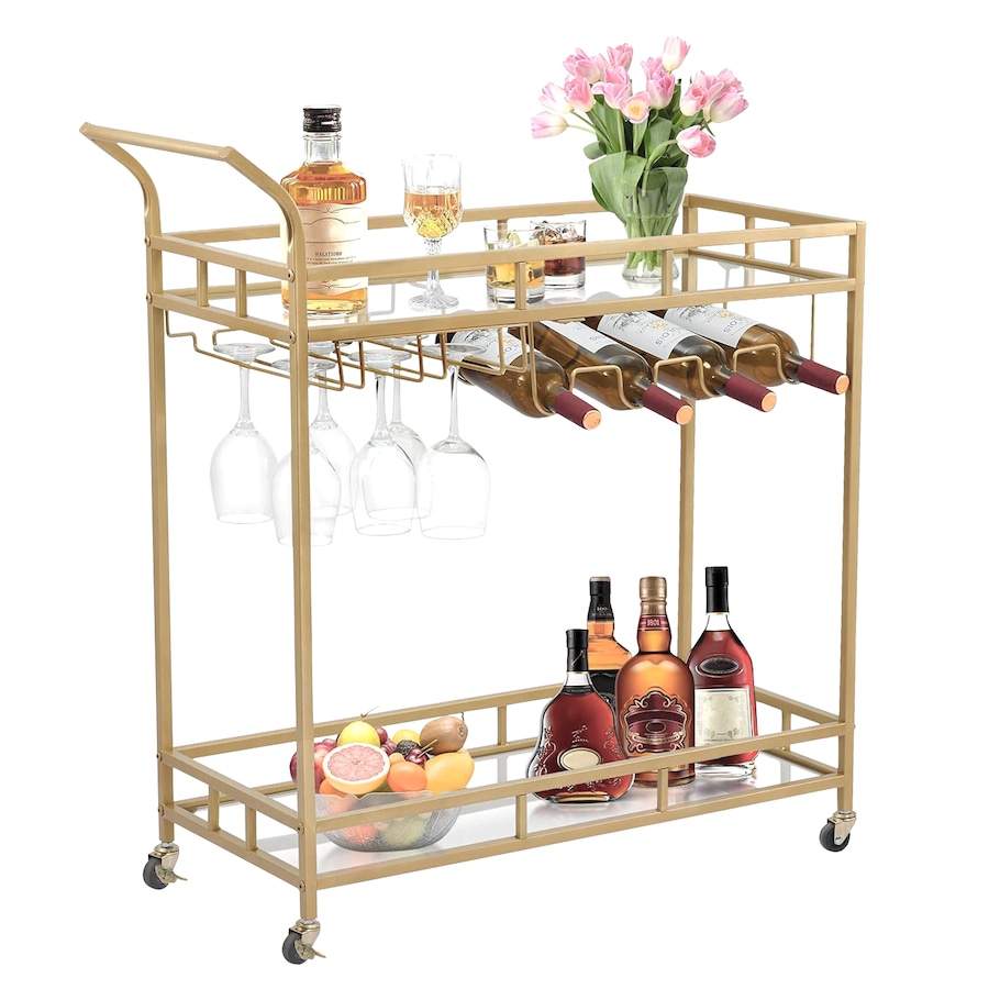 Gold 2-tier Metal Bar Cart Drinks Serving Trolley Alcohol Whiskey Rack Holder Kitchen Dining Trolley Glass Storage Holder