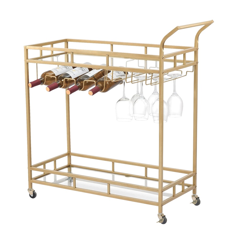 Gold 2-tier Metal Bar Cart Drinks Serving Trolley Alcohol Whiskey Rack Holder Kitchen Dining Trolley Glass Storage Holder