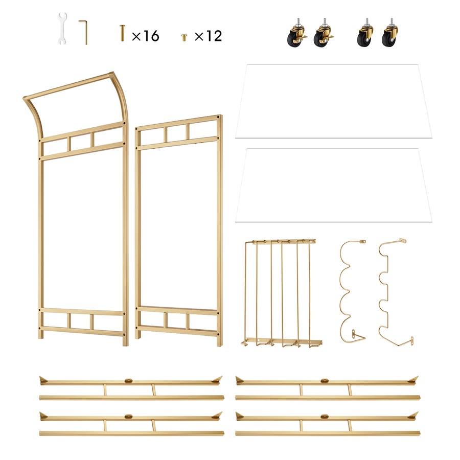 Gold 2-tier Metal Bar Cart Drinks Serving Trolley Alcohol Whiskey Rack Holder Kitchen Dining Trolley Glass Storage Holder