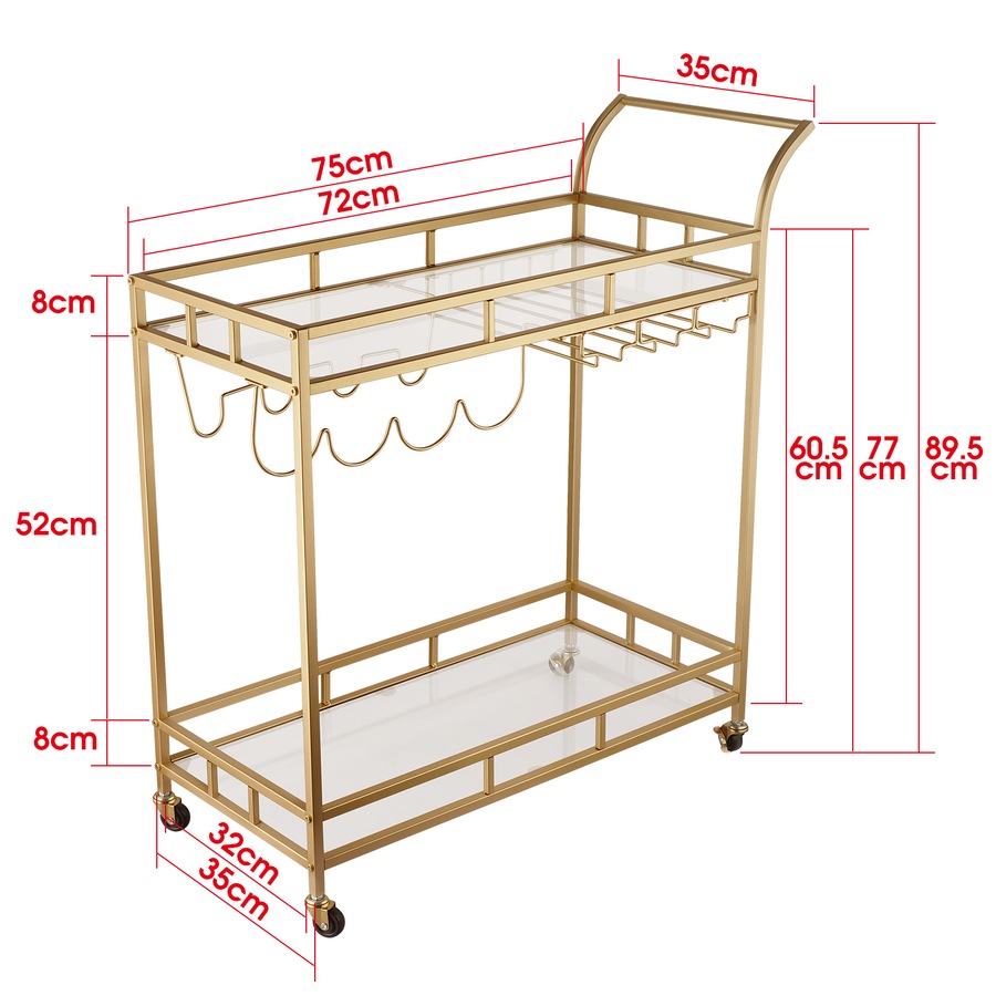 Gold 2-tier Metal Bar Cart Drinks Serving Trolley Alcohol Whiskey Rack Holder Kitchen Dining Trolley Glass Storage Holder