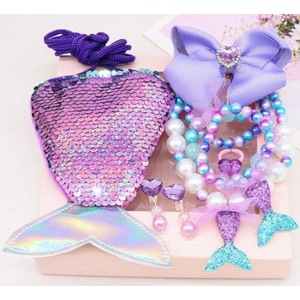 A (Purple) 7PCS Kids Girls Mermaid Necklace Bracelet Coin Purse Set With Box Gift