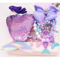 A (Purple) 7PCS Kids Girls Mermaid Necklace Bracelet Coin Purse Set With Box Gift