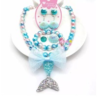 Blue 6PCS Mermaid Tail Necklace Bracelet Set Kids Girls Birthday Festival Gift