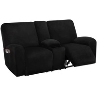 2 Seater with Middle Console Slipcover, Velvet Stretch Loveseat Reclining Sofa Covers, Thick, Soft, Washable, Black