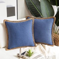 Pack of 2 Farmhouse Decorative Throw Pillow Covers Burlap Linen Trimmed Tailored Edges ,for Couch Sofa Living Room Decor - Navy
