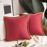 Pack of 2 Farmhouse Decorative Throw Pillow Covers Burlap Linen Trimmed Tailored Edges ,for Couch Sofa Living Room Decor - Red