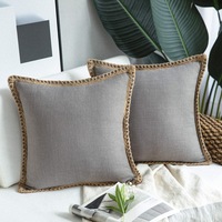 Pack of 2 Farmhouse Decorative Throw Pillow Covers Burlap Linen Trimmed Tailored Edges ,for Couch Sofa Living Room Decor - Grey