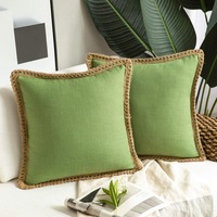 Pack of 2 Farmhouse Decorative Throw Pillow Covers Burlap Linen Trimmed Tailored Edges ,for Couch Sofa Living Room Decor - Green