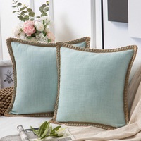 Pack of 2 Farmhouse Decorative Throw Pillow Covers Burlap Linen Trimmed Tailored Edges ,for Couch Sofa Living Room Decor - Light Turquoise