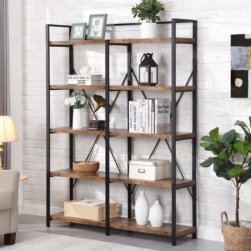 Buy HOMFURN 5 Tier Wide Industrial Bookshelf, Rustic Wood Bookcase ...