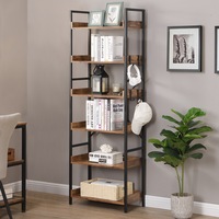 HOMFURN 6 Tier Industrial Bookshelf with 4 Hooks, Vintage Wood Bookcase, Big Storage Rack with Open Shelves, Free Standing Bookshelves Metal Frame Display Rack for Living Room,Bedroom, Brown