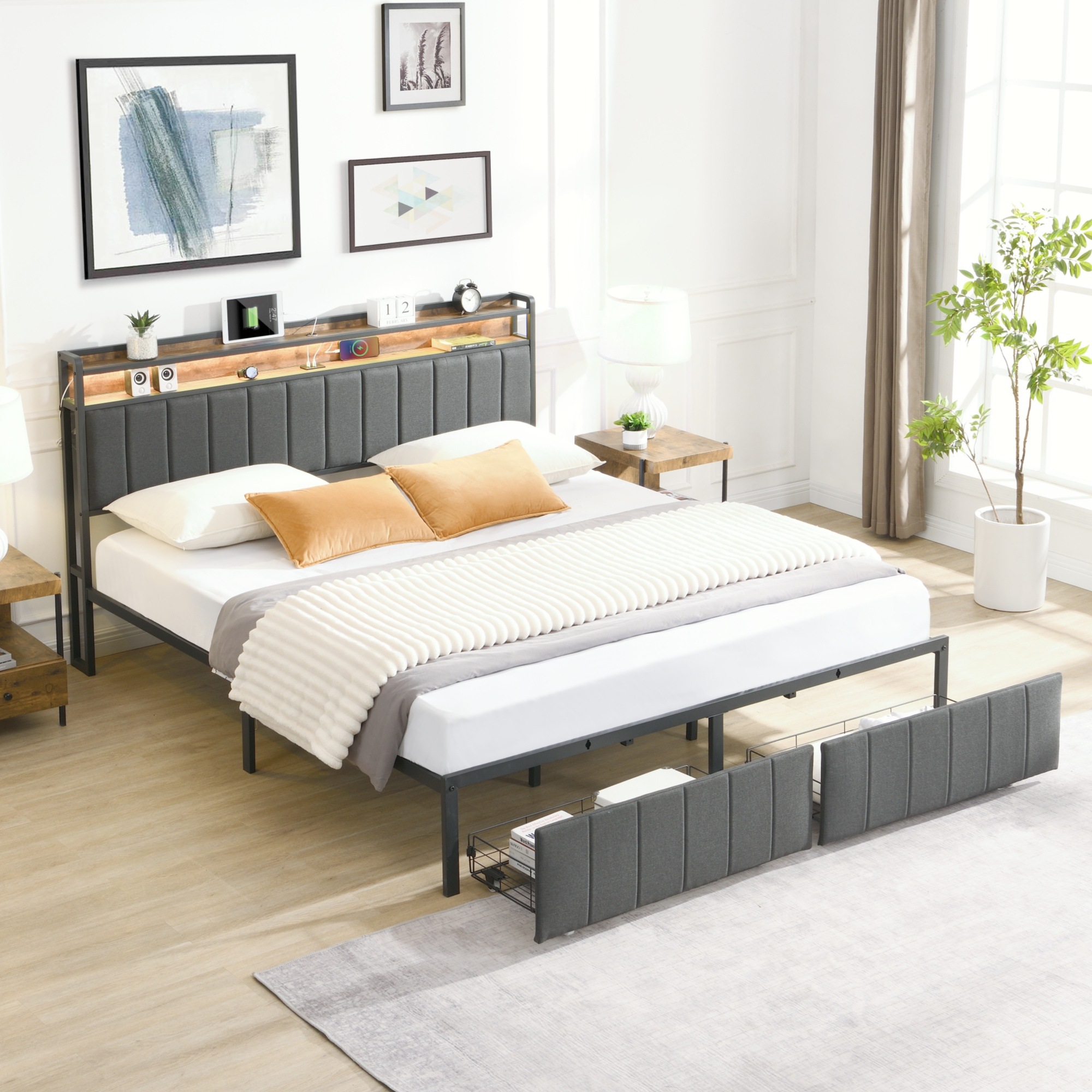 HOMFURN King Bed Frame with 2 Storage Drawers and LED Lights Headboard, Upholstered Bed Frame Queen Size with Charging Station, No Box Spring Needed, Easy Assembly - Grey