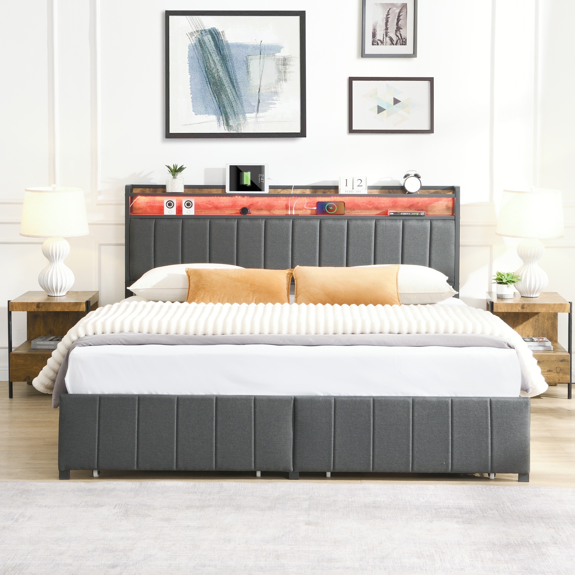 HOMFURN King Bed Frame with 2 Storage Drawers and LED Lights Headboard, Upholstered Bed Frame Queen Size with Charging Station, No Box Spring Needed, Easy Assembly - Grey