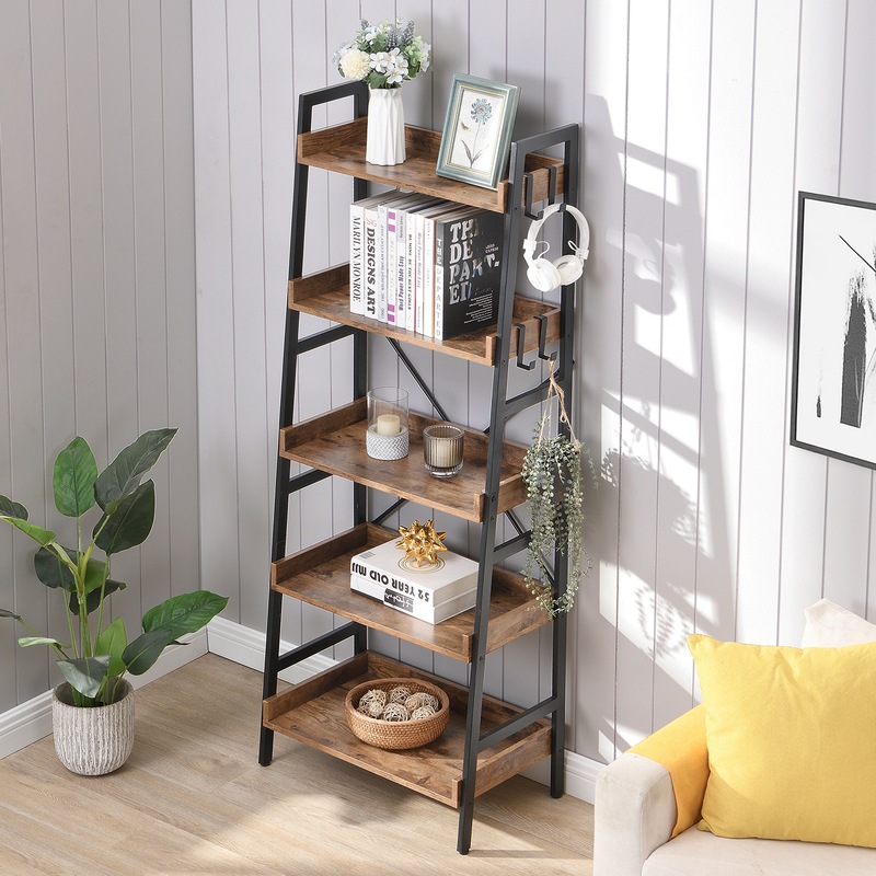 Buy HOMFURN Ladder Bookshelf with 4 Hooks, 5 Tier Industrial Ladder