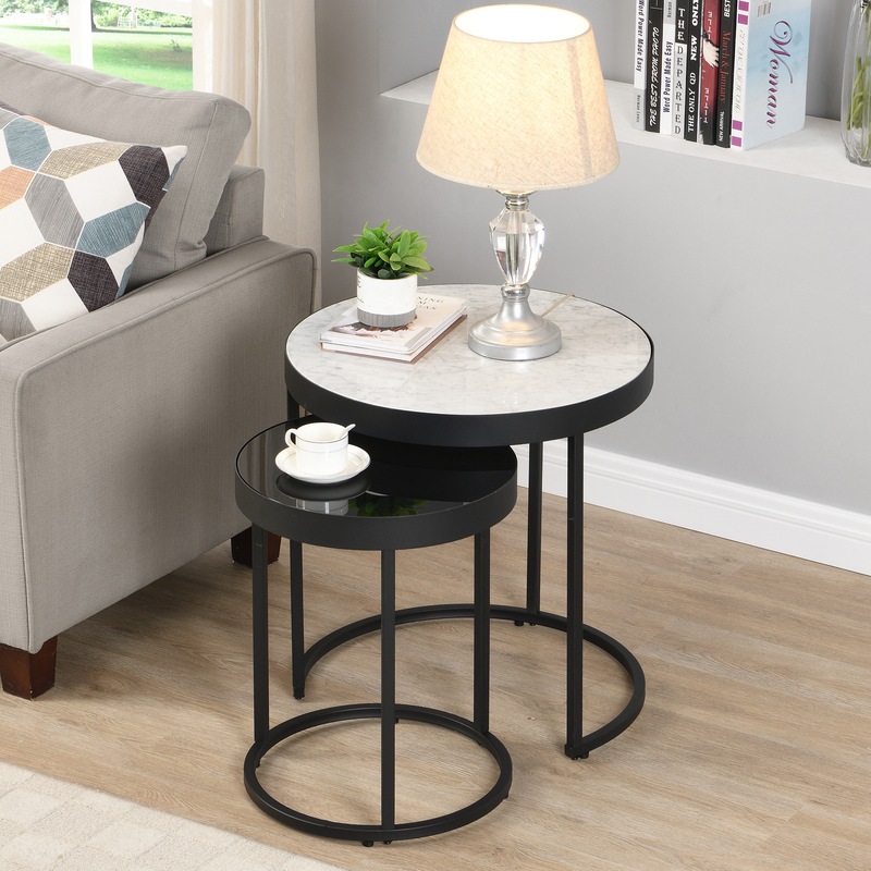 Buy HOMFURN Round Marble Nesting Side Table Set of 2, White&Black