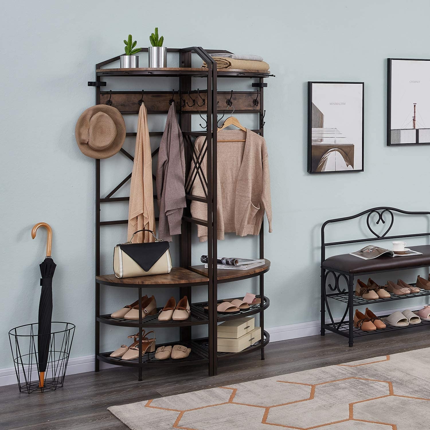 Corner bench with store coat rack