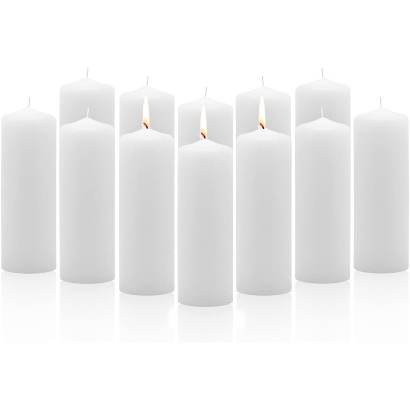 Buy 12 x TRANQUILITY WHITE PILLAR CANDLES 15cm Unscented Wedding Church
