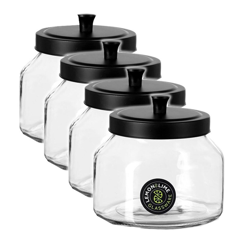 Buy 6 x GLASS JARS CANISTERS AIRTIGHT BLACK LIDS 1.6Lt Food Storage