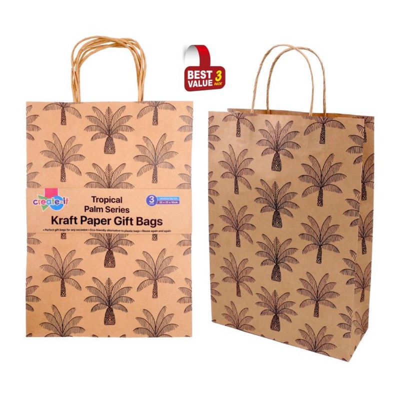 Buy 72 x PRINTED PAPER GIFT BAGS 35x25x10cm Tropical Palm Brown Party