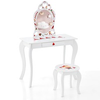 Giantex 2-in-1 Kids Dressing Table Stool Set Mirror Makeup Table Cute Patterns w/Storage Drawer