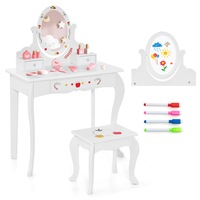 Giantex 2-in-1 Kids Dressing Table Stool Set Rotatable Mirror Makeup Table Cute Patterns w/3 Drawer & Whiteboard & 4 Markers