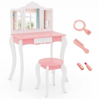 Giantex 2-in-1 Kids Vanity Table Stool Set Tri-Folding Mirror Makeup Table Princess Dressing Table w/Storage Drawer