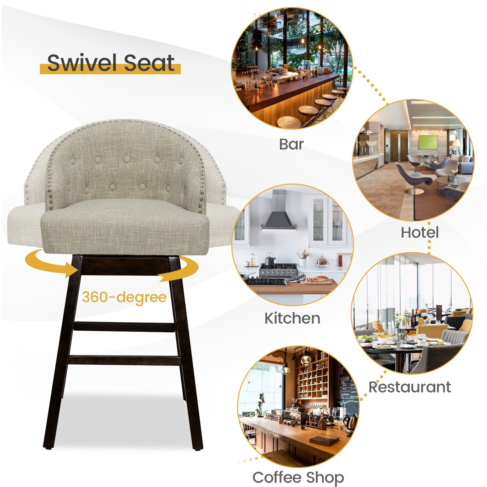 Giantex 24" Swivel Stools With Backs, Counter Height Cushioned Bar Chair, Waterproof PVC & Solid Wood