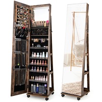 Giantex 3-in-1 Mobile Jewelry Cabinet LED Light Lockable Jewelry Organiser Full-Length Mirror w/Adjustable Shelves Rustic Brown