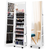 Giantex 3-in-1 Mobile Jewelry Cabinet LED Light Lockable Jewelry Organiser Full-Length Mirror w/Adjustable Shelves, White