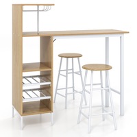 Giantex 3PCS Bar Table & Stool Set 120cm Counter Height Dining Table Set w/Glass Holders & Wine Rack Pub Table Set Natural