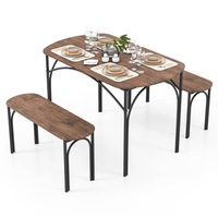 Giantex 3PCS Dining Table Set Wooden Rectangular Table & 2 Benches Metal Frame Kitchen Furniture
