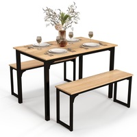 Giantex 3PCS Wood Dining Table & Chairs Set Dining Furniture Set Steel Frame w/2 Benches Natural