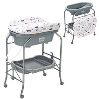 Giantex 4-in-1 Foldable Baby Change & Bathtub Table on Wheels Cute Bear Print w/Waterproof Pad & Tray, Grey