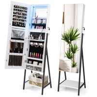 Giantex Floor Jewelry Cabinet Lockable Jewelry Armoire Organizer w/Full-Length Mirror & 3-Color LED Lights White