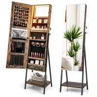 Giantex Floor Jewelry Cabinet Lockable Jewelry Armoire Organizer w/Full-Length Mirror & 3-Color LED Lights Rustic Brown