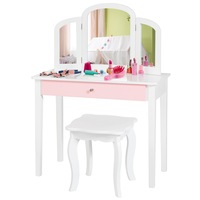 Giantex Kids Makeup Dressing Table Stool Set Folding Mirror Princess Vanity Writing Desk Birthday Gift w/Drawer White