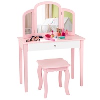 Giantex Kids Makeup Dressing Table Stool Set Folding Mirror Princess Vanity Writing Desk Birthday Gift w/Drawer Pink