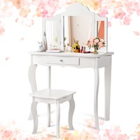 Giantex Kids Makeup Dressing Table Stool Set Folding Mirror Princess Vanity Writing Desk w/Large Drawer Gift White