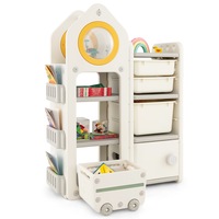 Giantex Kids Toy Organiser Storage Cabinet 3-Side Bookshelves Bookcase w/Trolley & 3 Pull-out Boxs Playroom Living Room