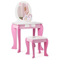 Giantex 2 in 1 Kids Vanity Table & Chair Set Princess Makeup Dressing Table w/Mirror & Comb Writing Desk Pink