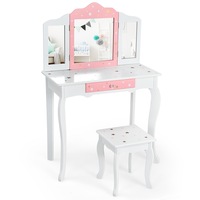 Giantex Kids Vanity Table & Stool Set Toddler Beauty Makeup Dressing Table Pretend Play Vanity Set Writing Desk White