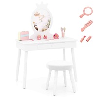 Giantex Kids Vanity Wooden Dressing Table Stool Set w/Cushioned Chair & Real Mirror Christmas Gift White