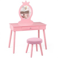 Giantex Kids Vanity Wooden Dressing Table Stool Set w/Cushioned Chair & Real Mirror Christmas gift Pink