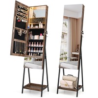 Giantex Lockable Jewelry Cabinet 3-Color LED Jewelry Organiser Full-Length Mirror w/Foldable Shelf & Drawer Rustic Brown