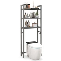 Giantex Metal Bathroom Storage Shelf Over the Toilet Organiser w/3 Tier Stand & 3 Hooks Space Saver Rack Grey