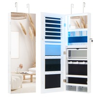Giantex Mirrored Jewelry Cabinet Wall Mounted Jewelry Armoire w/Full-Length Mirror & 3-Color Lights Lockable Jewelry Organizer White