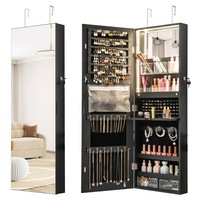 Giantex Mirrored Jewelry Cabinet Wall Mounted Jewelry Armoire w/Full-Length Mirror & 3-Color Lights Lockable Jewelry Organizer Black