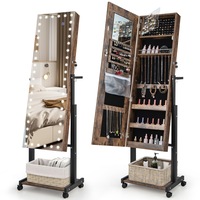 Giantex Mobile Jewellery Cabinet 3-Color LED Jewelry Storage Organiser w/Makeup Mirror & Adjustable Height Brown