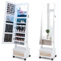 Giantex Mobile Jewelry Mirror Cabinet Adjustable Angle Jewelry Organiser w/3-Color LED Light/Foldable Shelf & Drawer White