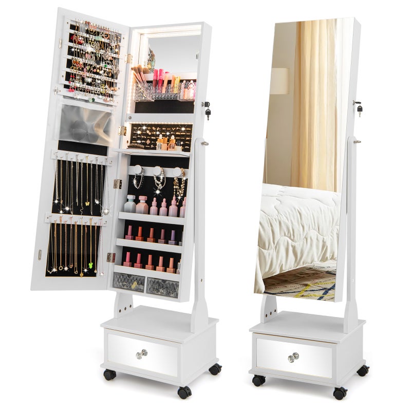 Buy Giantex Mobile Jewelry Mirror Cabinet Adjustable Angle Jewelry Organiser  w/3-Color LED Light/Foldable Shelf & Drawer, White - MyDeal